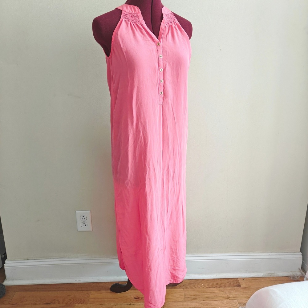 Lilly Pulitzer Pink 100% Silk Sleeveless Smocked Maxi Dress XXS Halter Neck